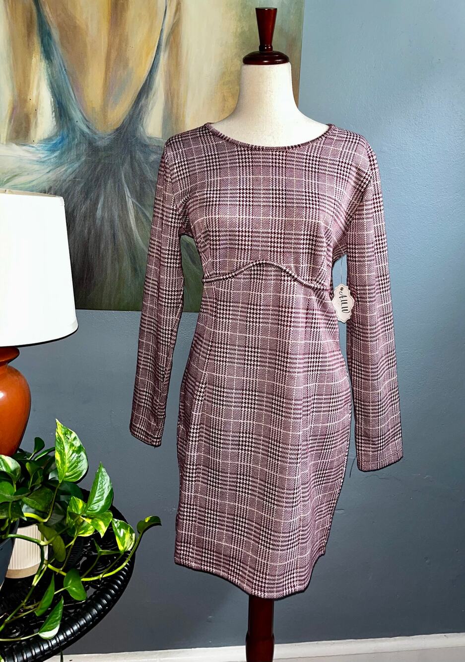 NWT A.U.W. Size XL Burgundy Plaid Long Sleeved Dress